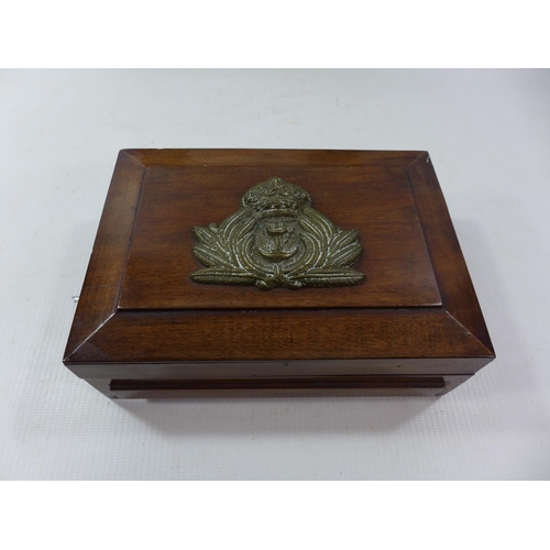 377 - A MAHOGANY BOX WITH BRASS NAVAL BADGE AND A FRAMED ACCOUNT OF WAGES MARKED TITANIC, DATED 1912, 22 X... 