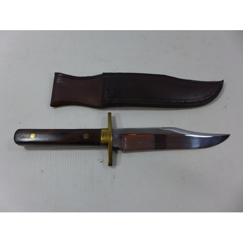 380 - A SHEFFIELD MADE IXL BOWIE KNIFE, 15CM BLADE, LEATHER SCABBARD