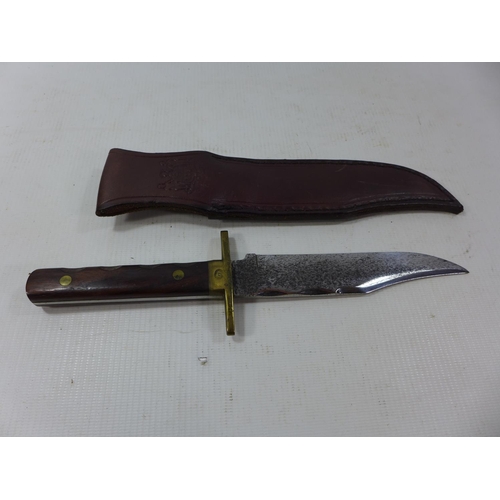 380 - A SHEFFIELD MADE IXL BOWIE KNIFE, 15CM BLADE, LEATHER SCABBARD