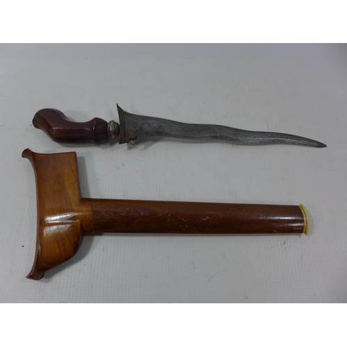 385 - A BALANISE KRIS, 21CM WAVY BLADE, WOODEN GRIP AND SCABBARD