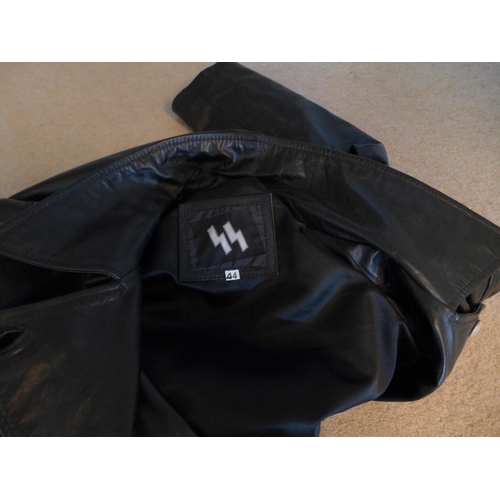 395 - A GOOD QUALITY REPLICA BLACK LEATHER NAZI GERMANY COAT, SIZE 44, THE LINING WITH SS RUNES, GREY META... 