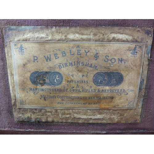 396 - AN OAK CASED BOX SUITABLE FOR A WEBLEY 'WEDGE' REVOLVER, 22CM X 39CM