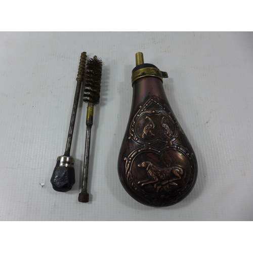 397 - A COPPER AND BRASS POWDER FLASK AND TWO CLARING RODS (3)