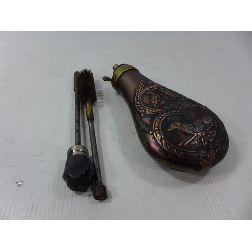 397 - A COPPER AND BRASS POWDER FLASK AND TWO CLARING RODS (3)