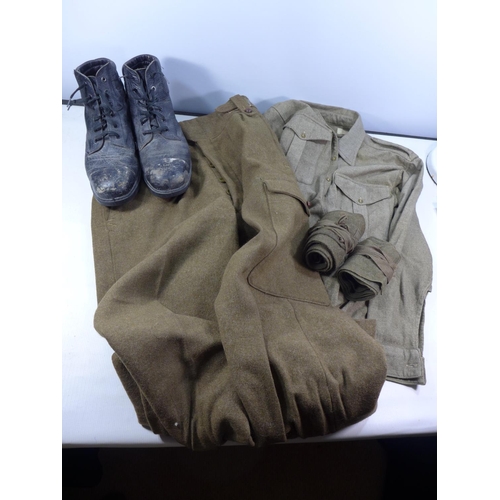 405 - A PAIR OF BRITISH ARMY TROUSERS, SIZE 11 DATED 1956, A PAIR OF BOOTS, SHIRT, TWO PAIRS OF PUTTEES