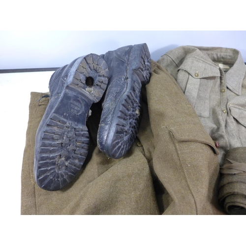 405 - A PAIR OF BRITISH ARMY TROUSERS, SIZE 11 DATED 1956, A PAIR OF BOOTS, SHIRT, TWO PAIRS OF PUTTEES