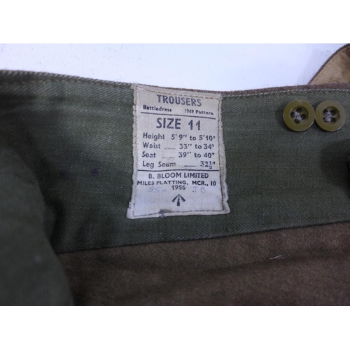 405 - A PAIR OF BRITISH ARMY TROUSERS, SIZE 11 DATED 1956, A PAIR OF BOOTS, SHIRT, TWO PAIRS OF PUTTEES