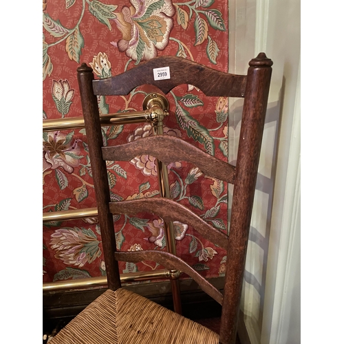 2959 - A LANCASHIRE STYLE OAK LADDER BACK DINING CHAIR WITH RUSH SEAT