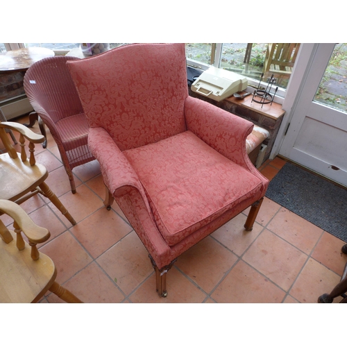 2981 - A CHIPPENDALE STYLE MAHOGANY FRAMED ARMCHAIR UPHOLSTERED IN RED MATERIAL AND A LLOYD LOOM TYPE CHAIR... 