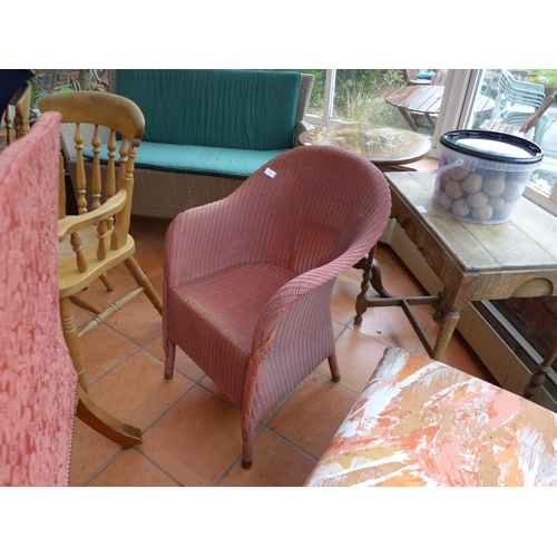 2981 - A CHIPPENDALE STYLE MAHOGANY FRAMED ARMCHAIR UPHOLSTERED IN RED MATERIAL AND A LLOYD LOOM TYPE CHAIR... 