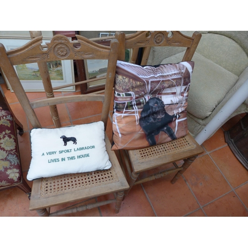 2982 - A PAIR OF CARVED BEECHWOOD CHAIRS WITH CANE SEATS, TOWEL RAIL AND TWO LABRADOR CUSHIONS