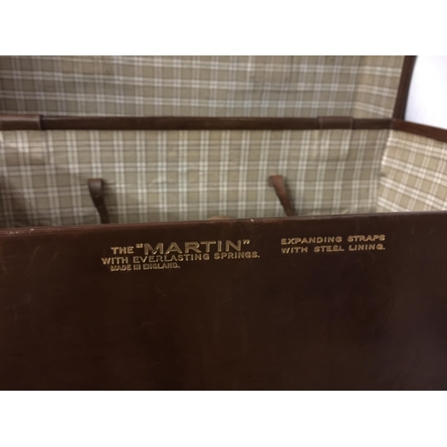 6 - A THE MARTIN WITH EVERLASTING SPRINGS LEATHER SUITCASE STAMPED H W FIDDAMAN WITH LABELS TO INCLUDE P... 