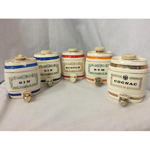 13 - FIVE WADE CERAMIC BARRELS TO INCLUDE GIN, RUM, SCOTCH AND COGNAC 12CM HIGH