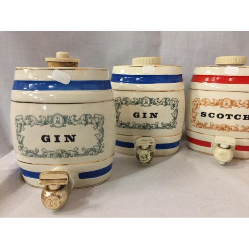 13 - FIVE WADE CERAMIC BARRELS TO INCLUDE GIN, RUM, SCOTCH AND COGNAC 12CM HIGH