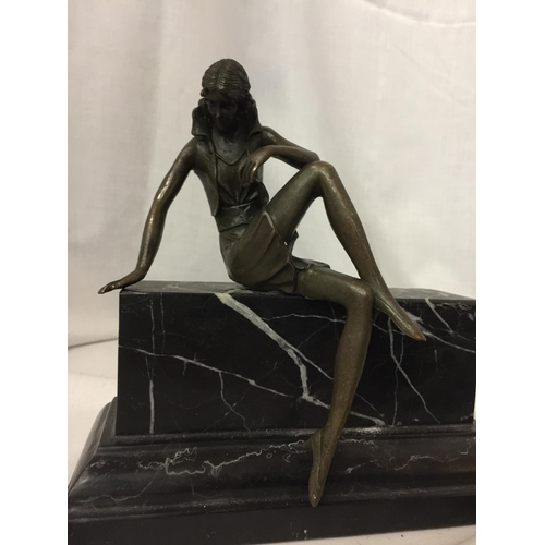 14 - A BRONZE MODEL OF A LADY ON A MARBLE BASE SIGNED ALDE VITALET (A/F - FIGURINE COMES OFF BASE)