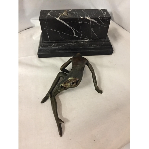 14 - A BRONZE MODEL OF A LADY ON A MARBLE BASE SIGNED ALDE VITALET (A/F - FIGURINE COMES OFF BASE)