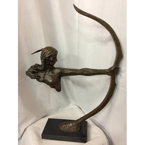 17 - A LARGE BRONZE FIGURINE OF A RED INDIAN BUST HOLDING A BOW SIGNED NICK ON A MARBLE BASE