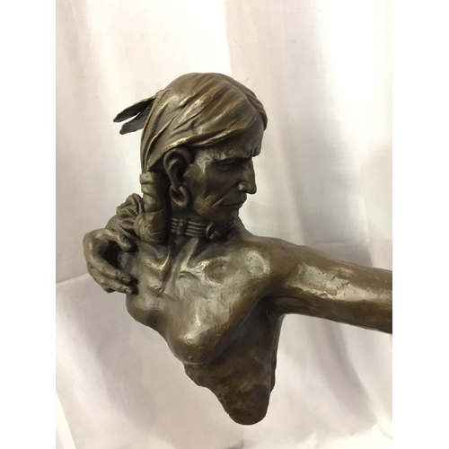 17 - A LARGE BRONZE FIGURINE OF A RED INDIAN BUST HOLDING A BOW SIGNED NICK ON A MARBLE BASE