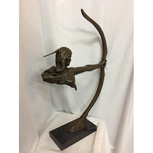 17 - A LARGE BRONZE FIGURINE OF A RED INDIAN BUST HOLDING A BOW SIGNED NICK ON A MARBLE BASE