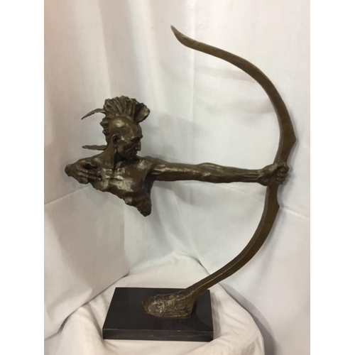 18 - A LARGE BRONZE FIGURINE OF A RED INDIAN BUST HOLDING A BOW SIGNED NICK ON A MARBLE BASE