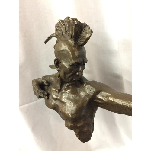 18 - A LARGE BRONZE FIGURINE OF A RED INDIAN BUST HOLDING A BOW SIGNED NICK ON A MARBLE BASE