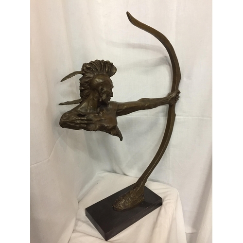 18 - A LARGE BRONZE FIGURINE OF A RED INDIAN BUST HOLDING A BOW SIGNED NICK ON A MARBLE BASE