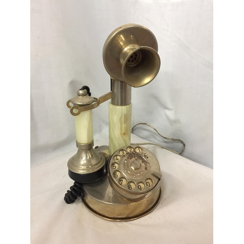 23 - A VINTAGE STYLE WHITE METAL AND ONYX CANDLESTICK TELEPHONE CONVERTED TO MODERN SOCKET