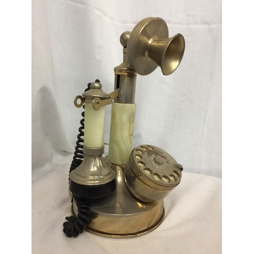 23 - A VINTAGE STYLE WHITE METAL AND ONYX CANDLESTICK TELEPHONE CONVERTED TO MODERN SOCKET