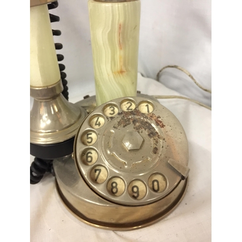 23 - A VINTAGE STYLE WHITE METAL AND ONYX CANDLESTICK TELEPHONE CONVERTED TO MODERN SOCKET