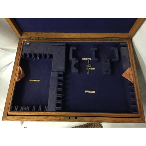 25 - A LARGE THREE LEVEL OAK CANTEEN OF CUTLERY  BOX WITH BRASS HANDLES AND TWO KEYS, BRASS PRESENTATION ... 