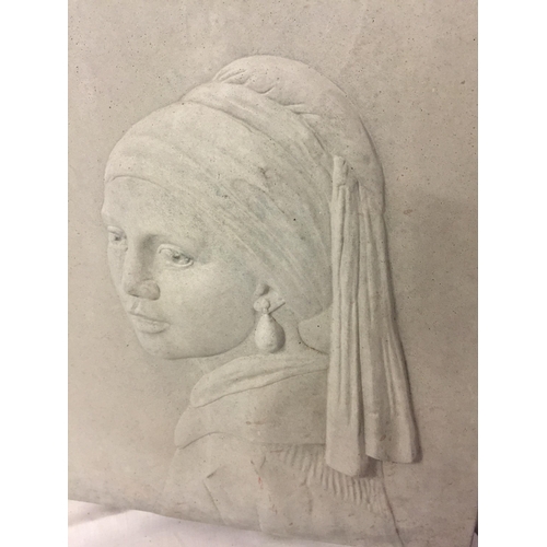 29 - A CONSTITUTED STONE PLAQUE OF 'THE GIRL WHO WON'T GO OUT AGAIN', 40CM X 33CM