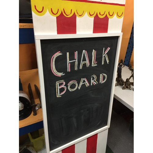 41 - A VERY LARGE HAND PAINTED WOODEN 'CIRCUS TENT' THEMED CHALK BOARD, HEIGHT 183CM, WIDTH 61CM