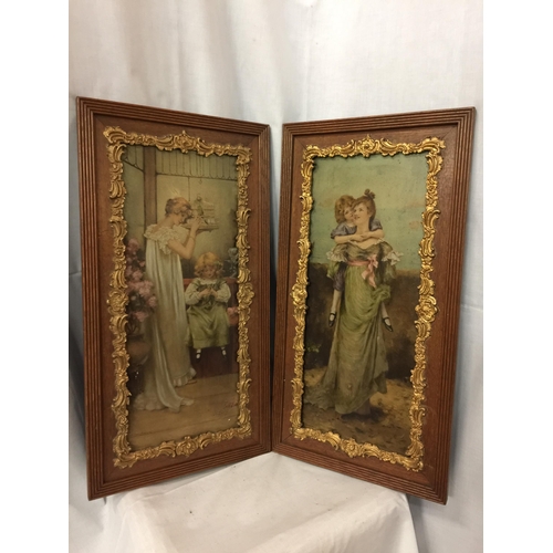 59 - TWO HAND TINTED PRINTS OF VICTORIAN LADIES AND CHILDREN BY MAUDE GOODMAN  -  EACH IN AN OAK AND DECO... 