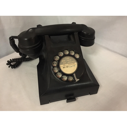 9 - A VINTAGE BLACK 1950'S BAKELITE GPO ROTARY DIAL TELEPHONE WITH PULL OUT CARD TRAY