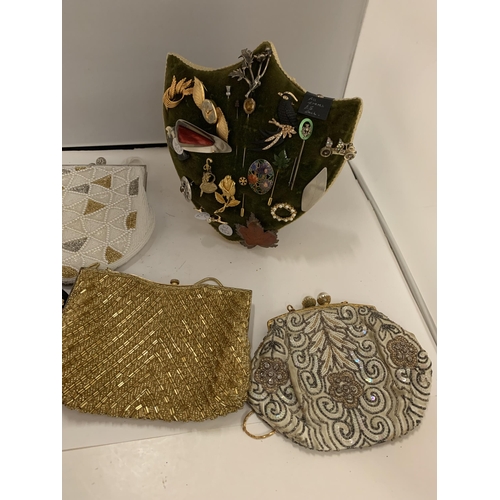 170 - FOUR VINTAGE EVENING BAGS TO INCLUDE BEADED ONES AND A TAPESTRY ONE, ALSO A SHIELD SHAPED DISPLAY BO... 