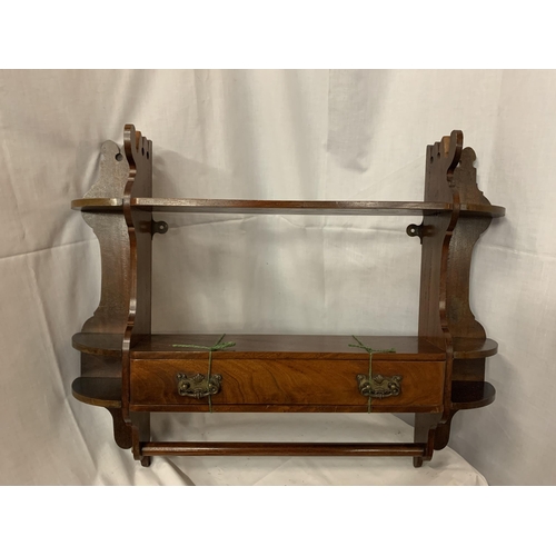 193 - AN EDWARDIAN SET OF WALL SHELVES WITH A DRAWER