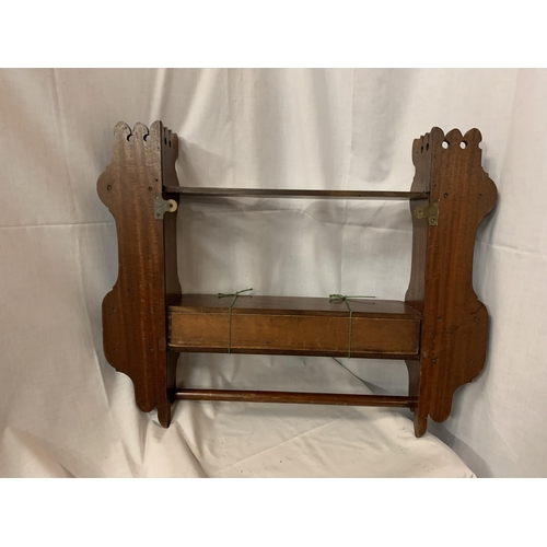 193 - AN EDWARDIAN SET OF WALL SHELVES WITH A DRAWER