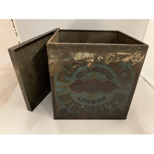 198 - A LARGE VINTAGE BISCUIT TIN ADVERTISING ARROWROOT BISCUITS, HEIGHT 26CM, WIDTH 23CM, DEPTH 23CM