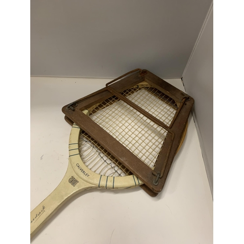 218 - A VINTAGE CALVERLEY TENNIS RACKET WITH THE RACKET FRAME, SIGNED E P WOODCOCK