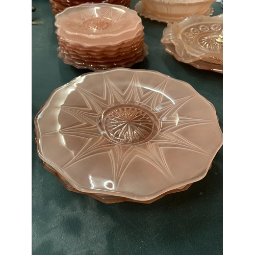 105 - A QUANTITY OF PINK CARNIVAL STYLE WARE TO INCLUDE PLATES, BOWLS AND A CAKE STAND