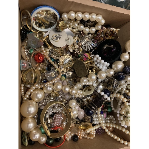 130 - A BOX OF COSTUME JEWELLERY TO INCLUDE BANGLES, WATCHES, EARRINGS, BEADS, ETC