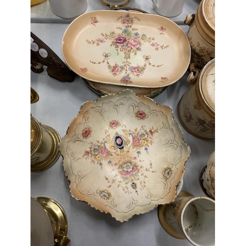 143 - VARIOUS ITEMS OF DEVON WARE FIELDINGS BLUSH IVORY TO INCLUDE PLATES, BISCUIT BARRELS, VASES, ETC.  S... 