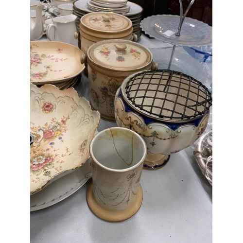 143 - VARIOUS ITEMS OF DEVON WARE FIELDINGS BLUSH IVORY TO INCLUDE PLATES, BISCUIT BARRELS, VASES, ETC.  S... 