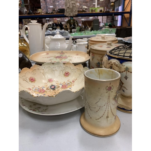 143 - VARIOUS ITEMS OF DEVON WARE FIELDINGS BLUSH IVORY TO INCLUDE PLATES, BISCUIT BARRELS, VASES, ETC.  S... 