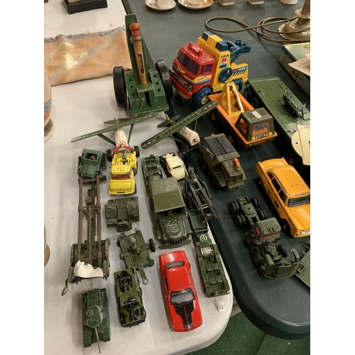 79 - A QUANTITY OF PLAYWORN CARS, LORRIES, MILITARY TOYS, ETC