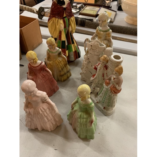 92 - AN AMOUNT OF FIGURES TO INCLUDE LADIES, STAFFORDSHIRE STYLE AND A ROYAL DOULTON FIGURE (A/F)