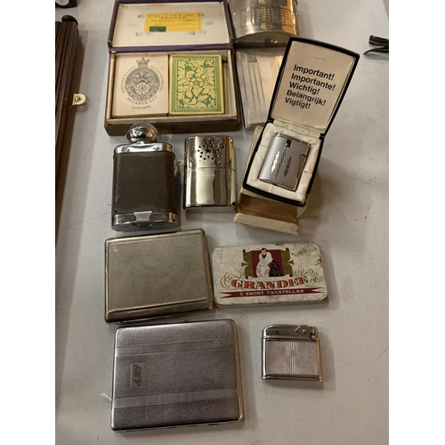 96 - A COLLECTION OF PLATED CIGARETTE CASES, LIGHTERS, ETC