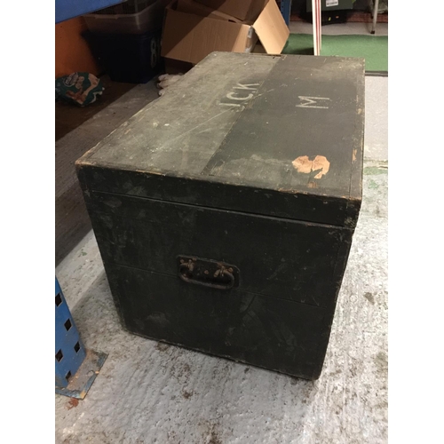 357 - A VINTAGE PINE GREEN MILITARY TRUNK WITH SIDE HANDLES STAMPED J.C.K M HEIGHT 45CM WIDTH 76CM DEPTH 4... 