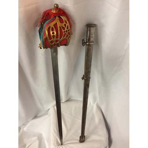 365 - A SCOTTISH PATTERN BROAD SWORD, 87CM BLADE, PIERCED BRASS GUARD, METAL SCABBARD