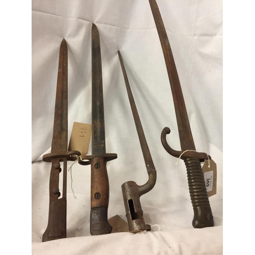 369 - FOUR BAYONETS COMPRISING FRENCH CHASEPOT, 57CM BLADE, SOCKET BAYONET 43CM BLADE AND TWO WORLD WAR ON... 